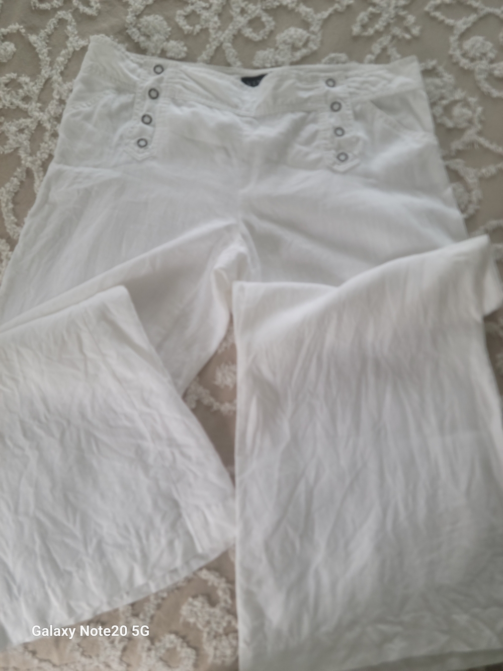 White Wide-Leg Button Accent Pants